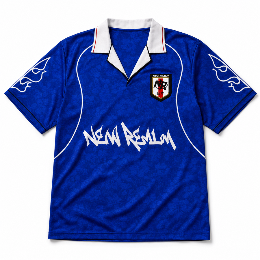 Blue Sakura Football Jersey front flatlay on white background
