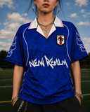 Female model wearing the Blue Sakura Football Jersey front view