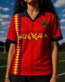 Female model wearing the Roja Football Jersey front view